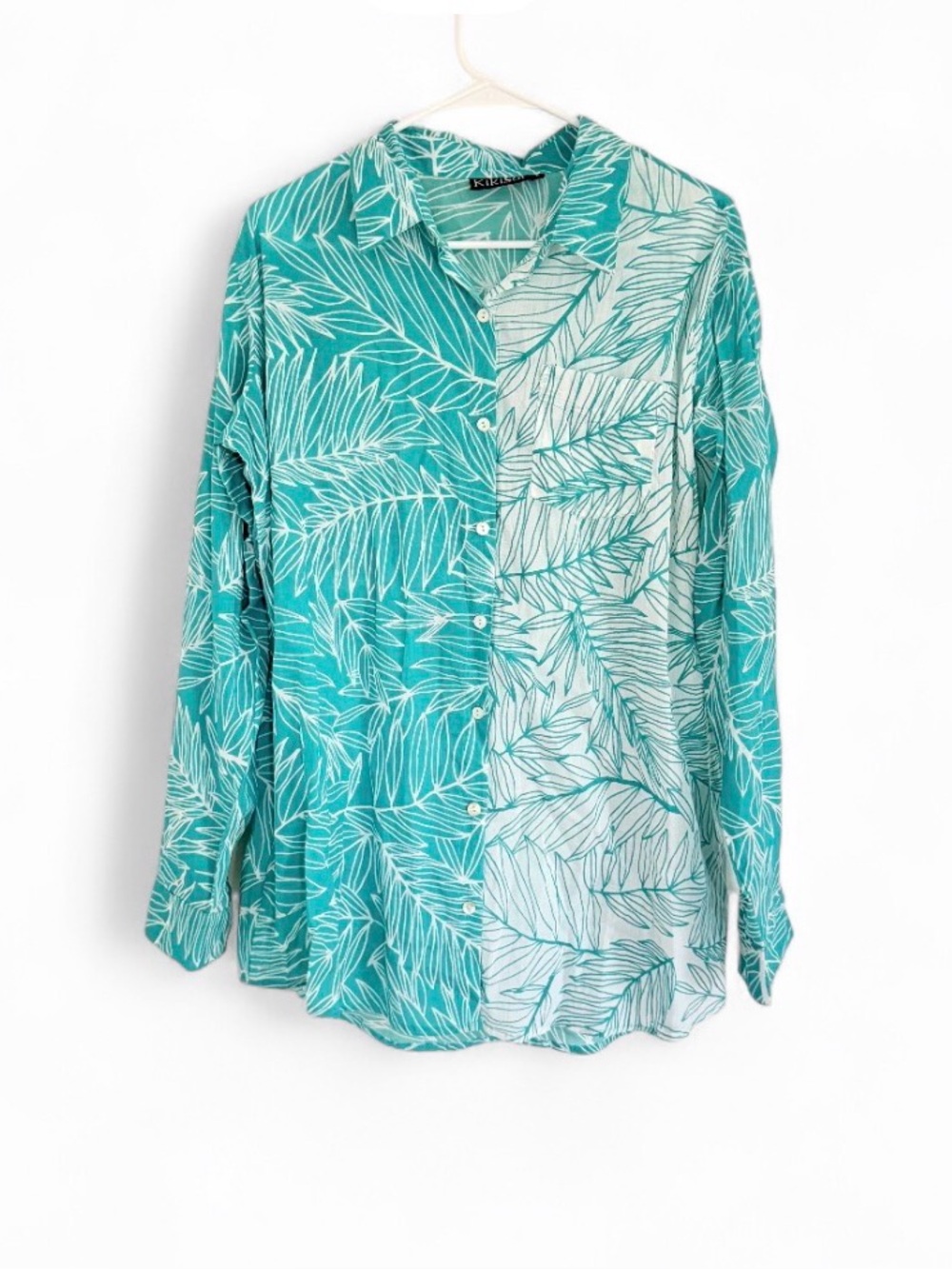 Kikisol Womens Button Down Shirt L 100% Cotton Palm Tree Boho Art Tropical Beach